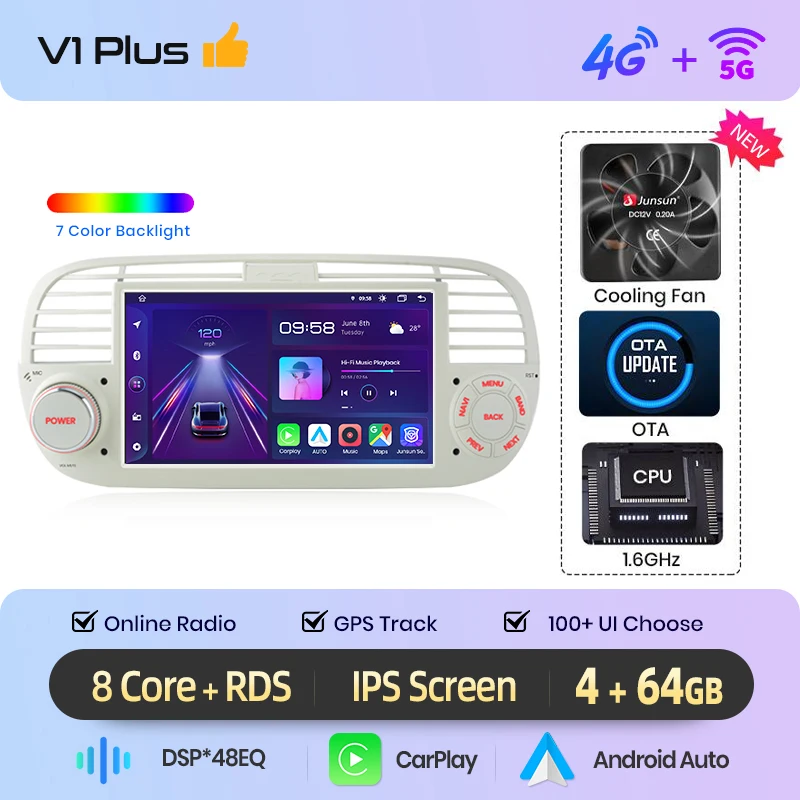Junsun 7 inch draadloze CarPlay Android Auto autoradio voor Fiat 500 500C Abarth 2007-2015 Multimedia draadloze Apple CarPlay Smart Intelligent Systems IPS touchscreen stereo videospeler 2 Din
