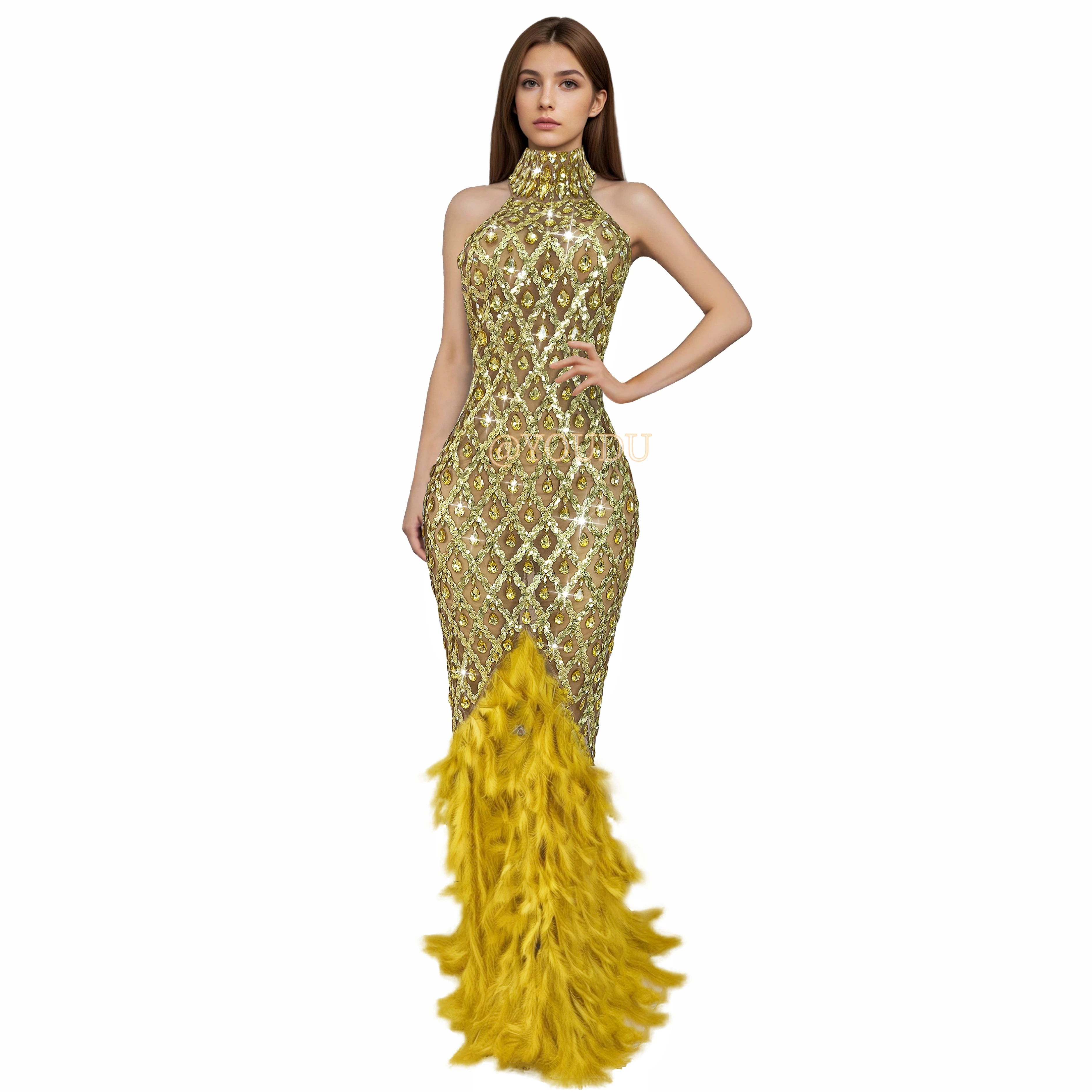 Hoogwaardige glanzende gouden strass verenjurk zoom sexy naakt mesh avondjurk rode loper modeshow jurk shaokao