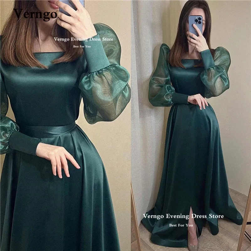 

Verngo Modest Dark Green Satin Evening Dresses Puff Organza Long Sleeves Square Neck Arabic Women Formal Party Prom Gowns Custom