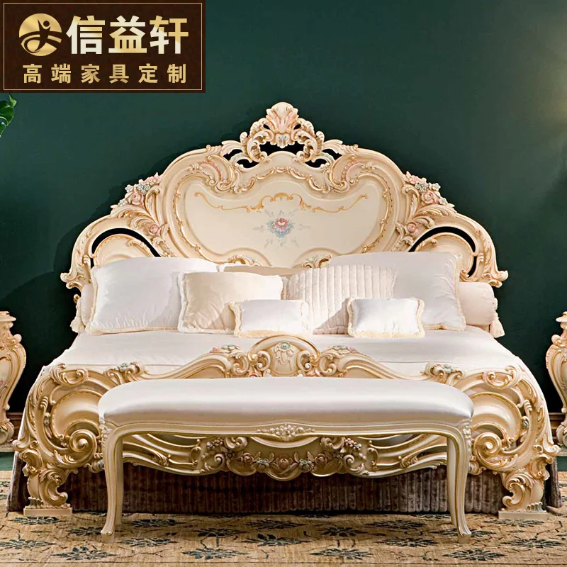 

Italian solid wood bed European luxury double bed French court villa painted large bedroom