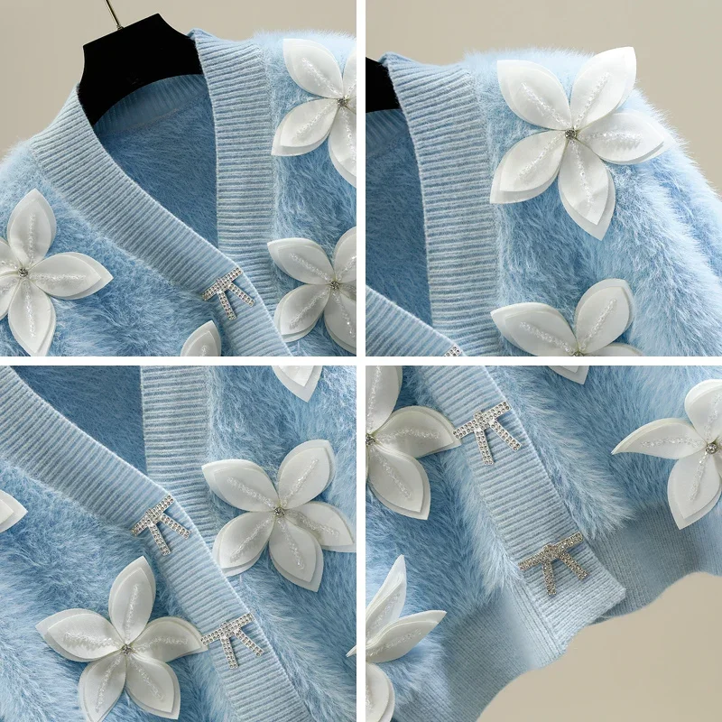 Luxury Women Diamonds Beads 3D Flowers Knitted Sweater Coat Mohair Crocheted Cardigan V-neck Mink Cashmere Kniwear OL Crop Tops