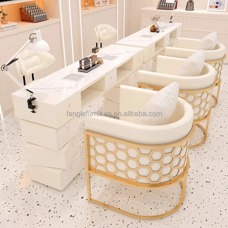 Luxury Gold Gonail Table Modern Minimalist Makeup Table Nail Salon Popular Nail Table With pink Chair