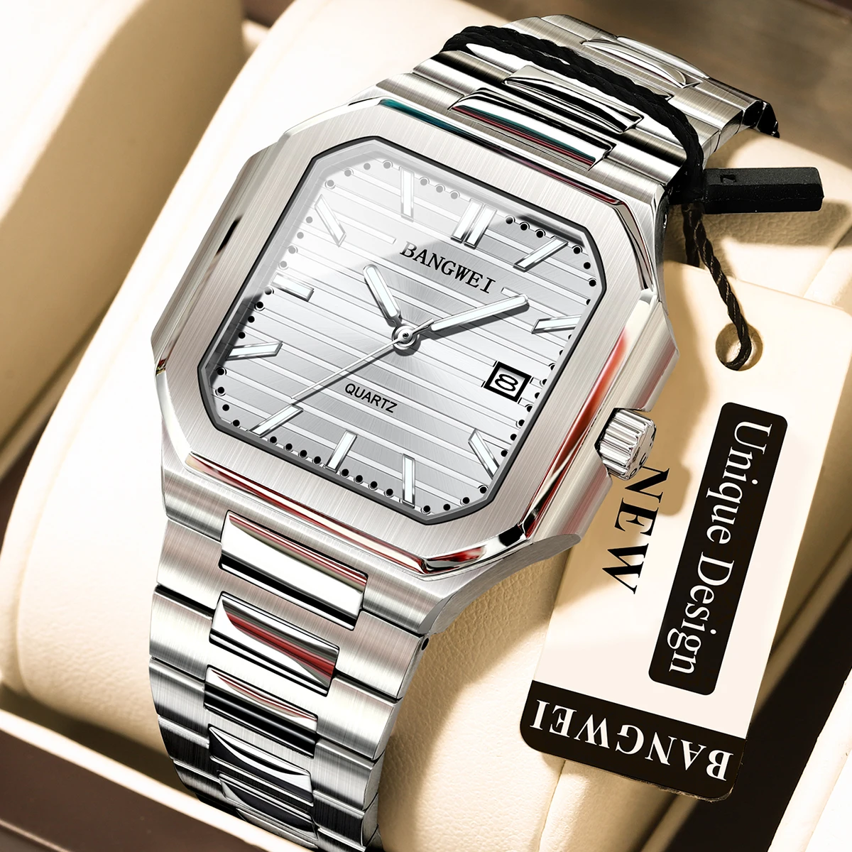 

BANGWEI Man Wristwatch Waterproof Luminous Date Square Watch for Man Full Steel Strap Quartz Watches Luxury Male Clock