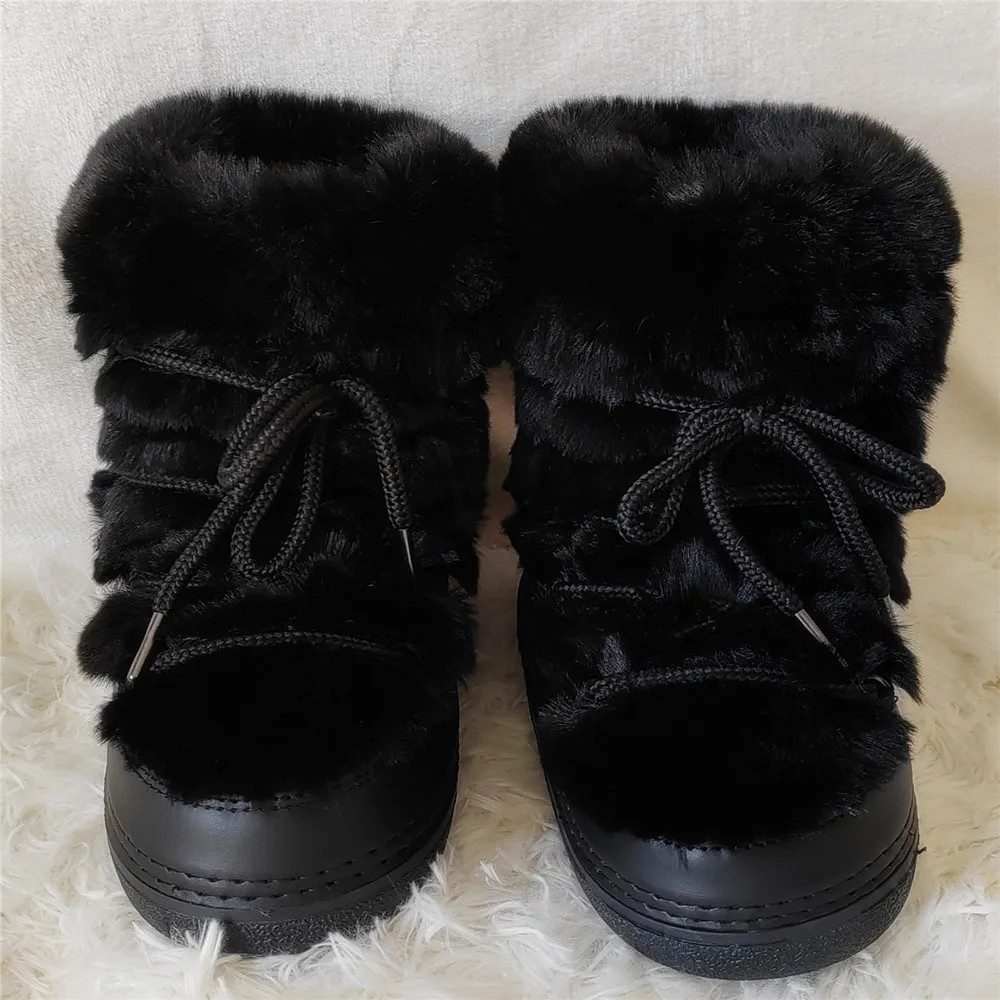 Black Fur Boots Women Booties Fluffy Fuzzy Furry Faux Fur Women Boots Trend 2024 Winter Platform Waterproof Ankle Ski Boots