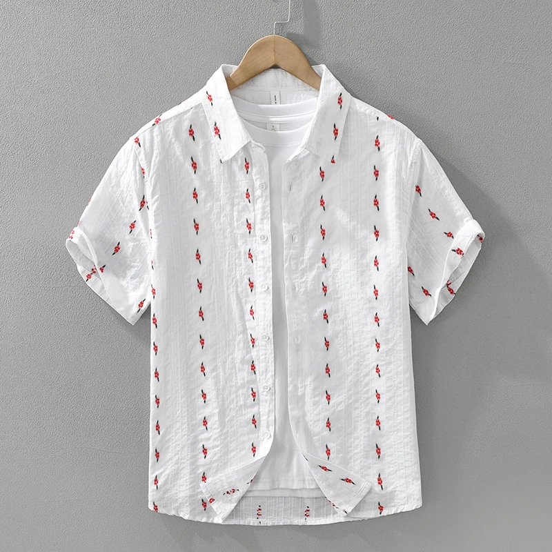 

2026 Summer New 100% Cotton Casual Printed Short Sleeve Shirt for Men Slim Turn-down Collar Fashion Shirt