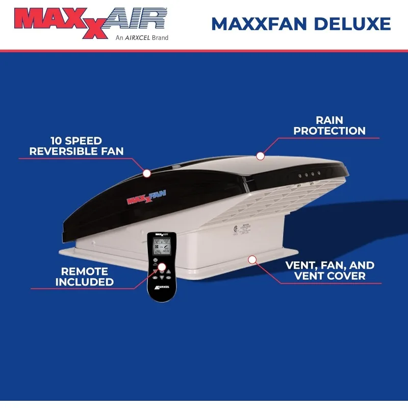 MAXXAIR Maxxfan Deluxe Vent, Fan and Vent Cover All in OneBuilt-in Rain Cover, Remote Control, Intake & Exhaust Fan, Smoke