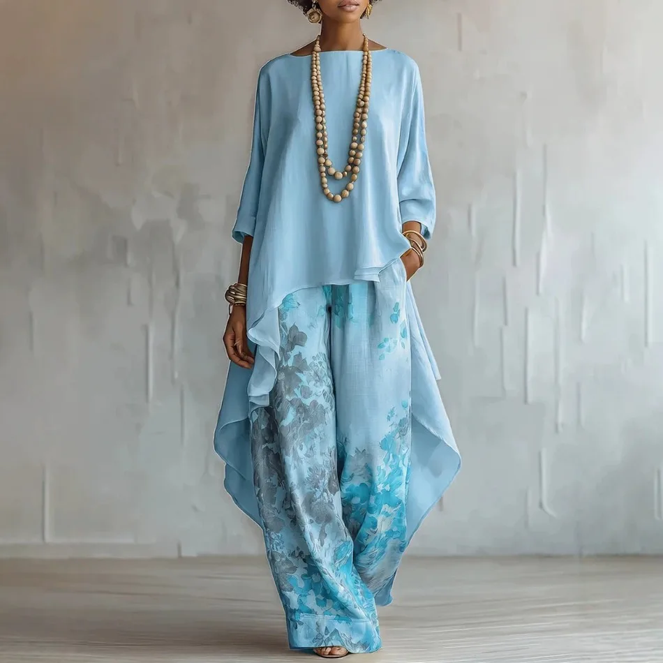 Damen 2-Teiliges Set: Locker Sitzendes Oberteil mit Langen Ärmeln und Unregelmäßigem Schnitt, Lässige Bedruckte Weite Hose, Modisches Frühlings- und Herbst-Outfit – Detail 8