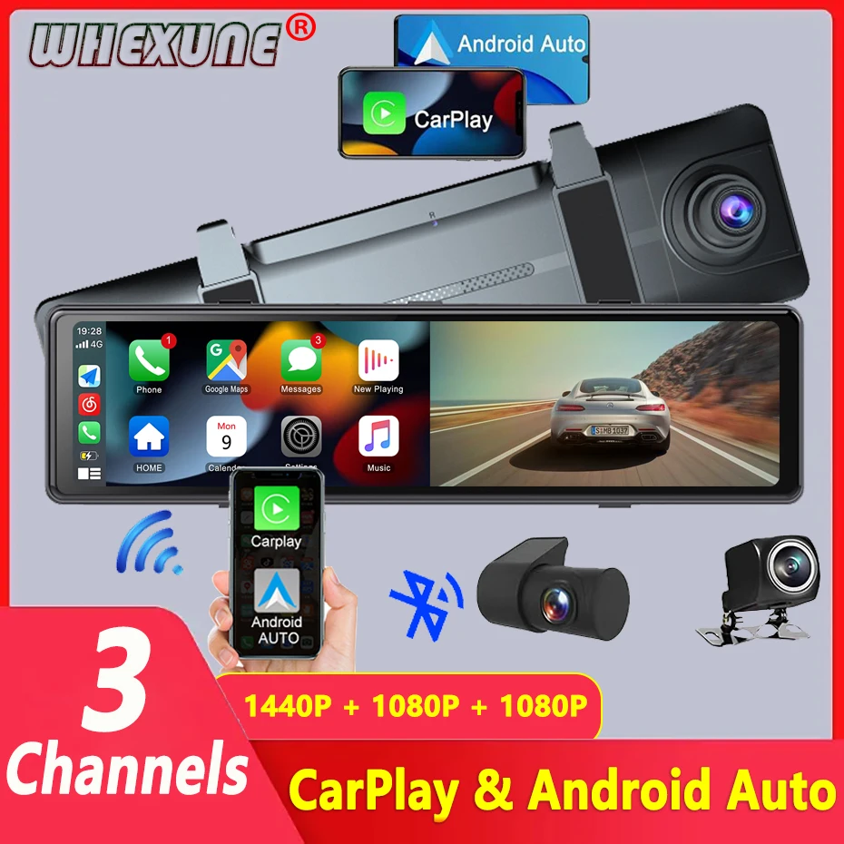 Trzy obiektywy Carplay Android Auto Wireless ekran telefonu komórkowego nawigacja GPS strumieniowe Media lusterko wsteczne wideorejestrator samochodowy kamera na deskę rozdzielczą WIFI