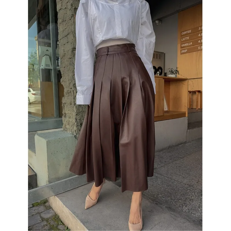 

Faionable Long PU Leather f Skirt Pleated Soft Leather Versatile Korean Sle Spring Autumn Winter Seasonal Women's Skirt