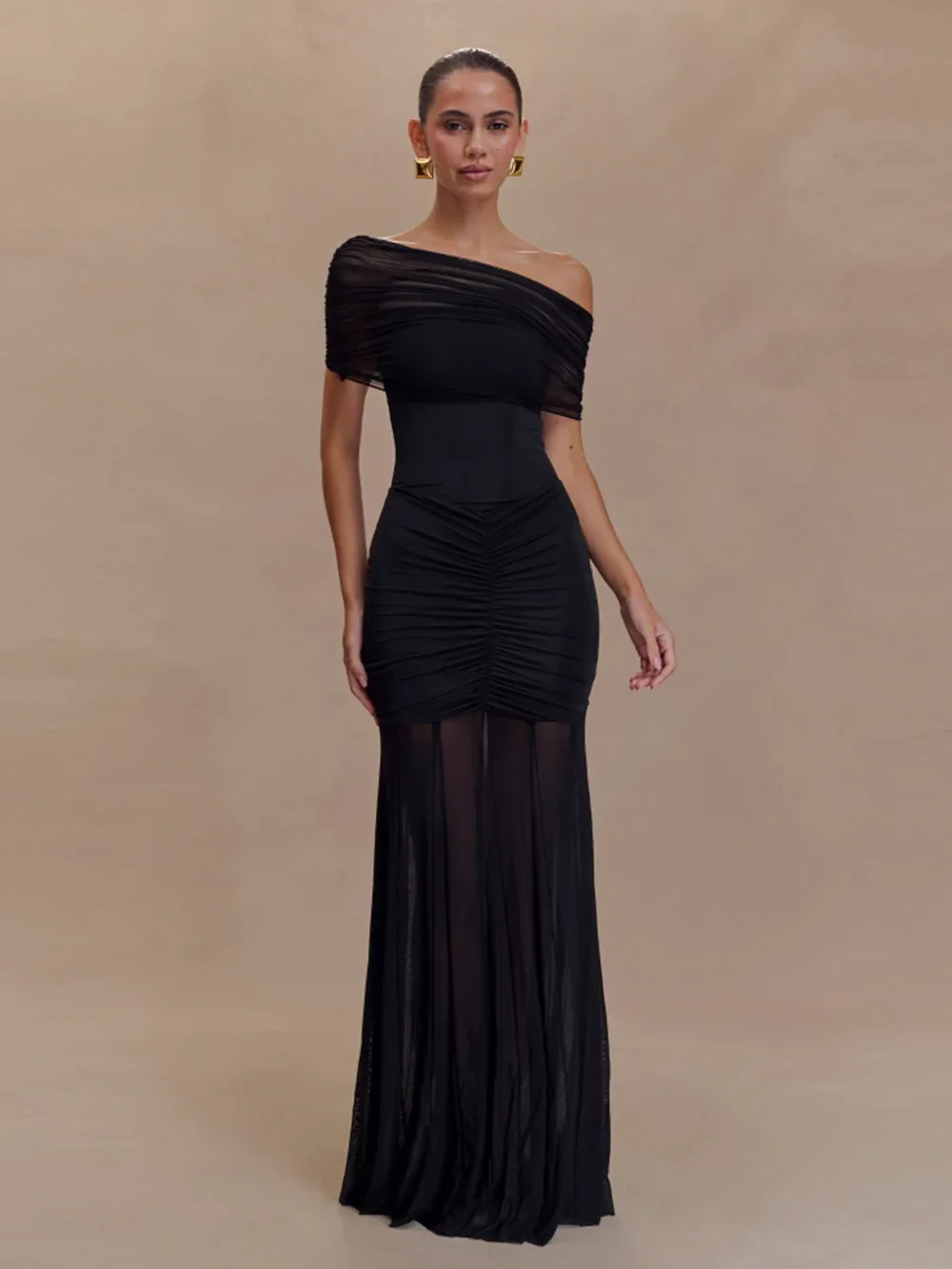 Modphy Abito lungo aderente sexy con una spalla drappeggiato da donna Abiti lunghi aderenti senza schienale rosso albicocca Abiti da sera di Natale