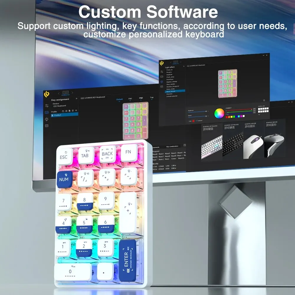Mechanical Keypad LEOBOG K21 Bluetooth Number Pad 21 Key Transparent Photoshop Accounting Numpad Gaming Keyboard