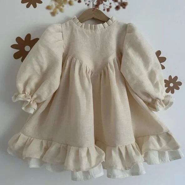 Girls Dress 2026 Spring New Linen Girls Spliced Casual Princess Round Neck Dress with Ruffle Edge Baby Dress Children Wear