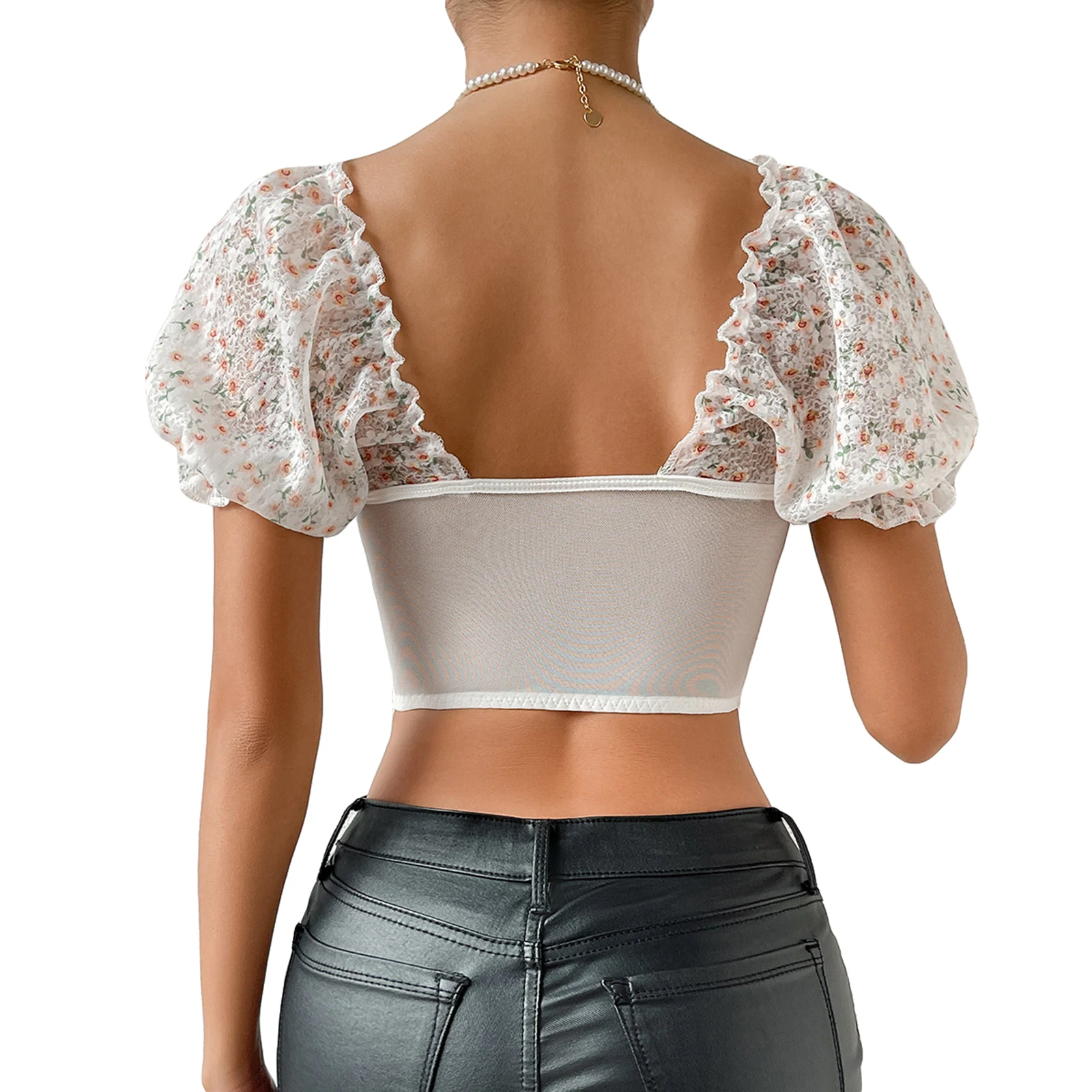 أعلى قصير مطبوع بالأزهار للنساء ، قمة قصيرة مع كم منفوخ ، رقبة مربعة ، خطاف وأمام العين ، مشد