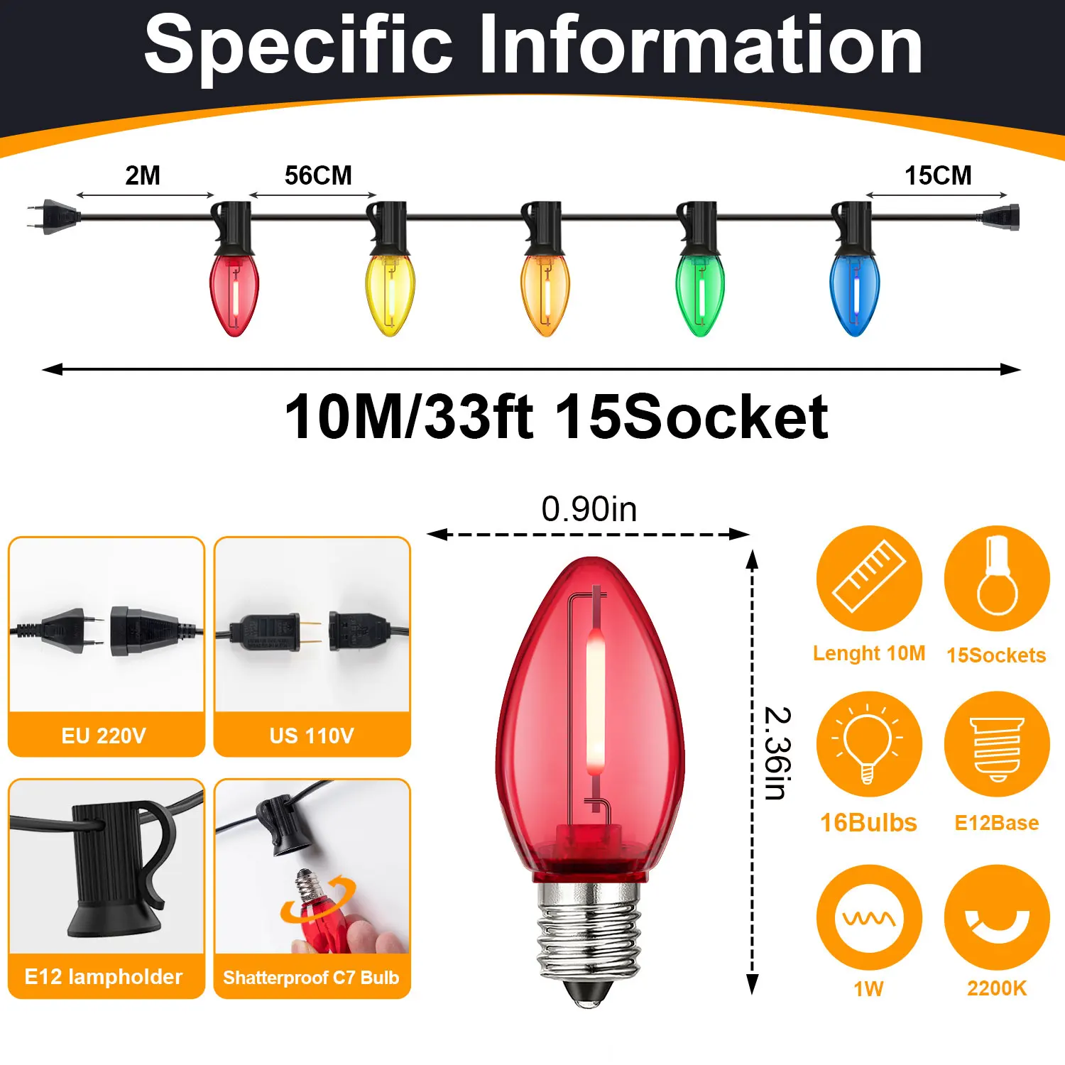 Kleurrijke C7 Lichtslinger 220V EU 110V US Street Garlandt E12 Kunststoffen Onbreekbaar Waterdicht voor Outdoor Yard decoratie Licht