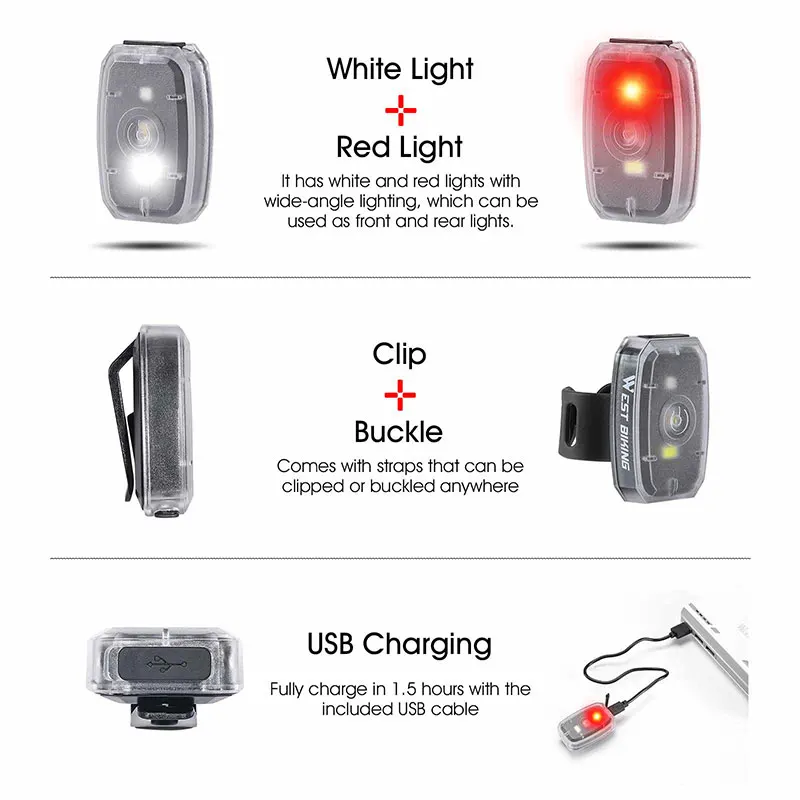 WEST BIKING Bicycle Front/Rear Light USB Rechargeable Multifunctional Mini Headlight Warning Taillight IPX5 Waterproof Flash LED