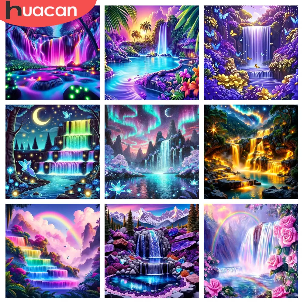 HUACAN Diamant-Gemälde, Wasserfall, Landschaft, bunte Kunst, voll quadratisch, rund, Wanddekoration, Diamant-Mosaik, Meer, Fantasie, Heimdekoration