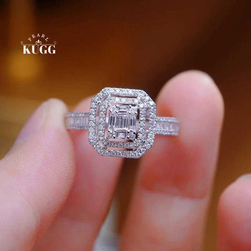 KUGG 100% 18K White Gold Rings Fashion Square Shape 0.60carat Real Natural Diamond Engagement Ring for Women High Party Jewelry