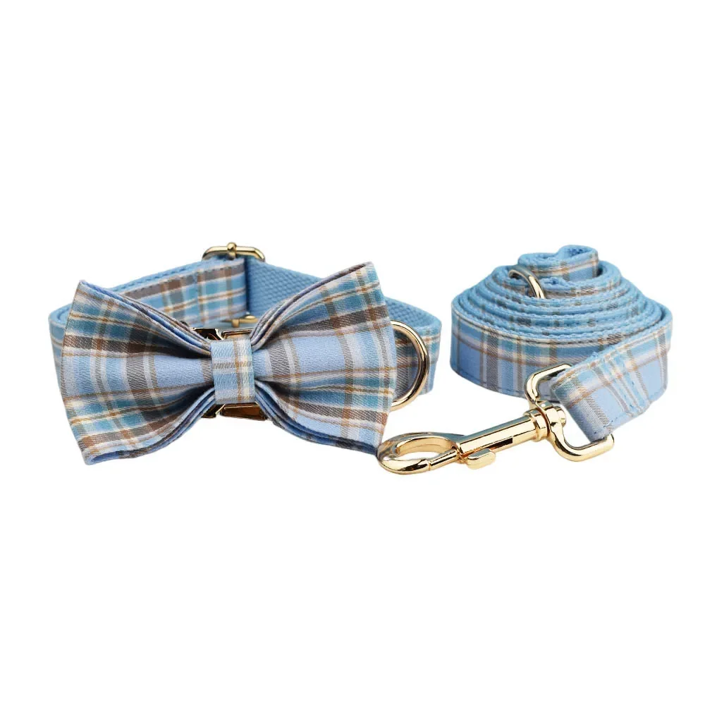 Sky blue plaid dog ring  rope bow three-piece set, dog chain anti-break free cross-border  walking chain