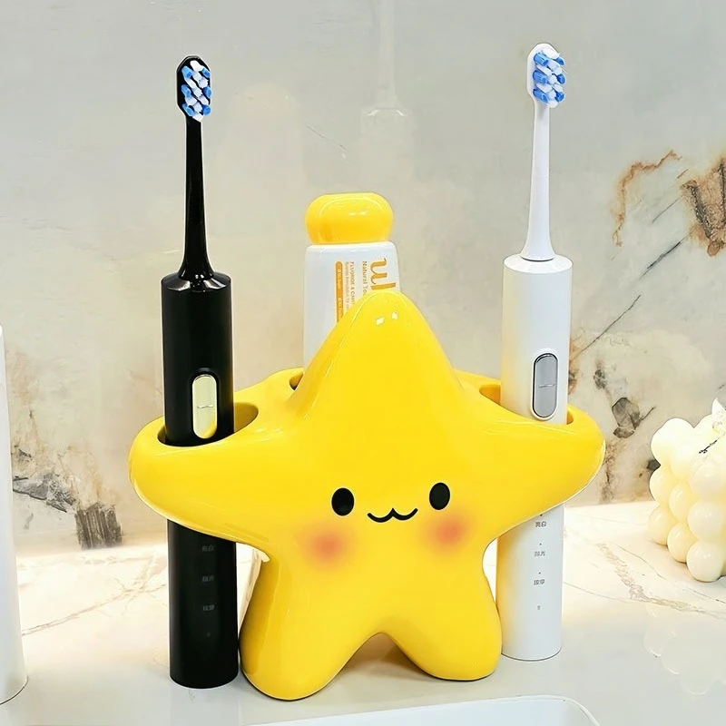 Cute Star Ceramic Toothbrush Holder Bathroom Wash Counter Electric Toothpaste Storage Rack Household Vanity Organizer Accessory