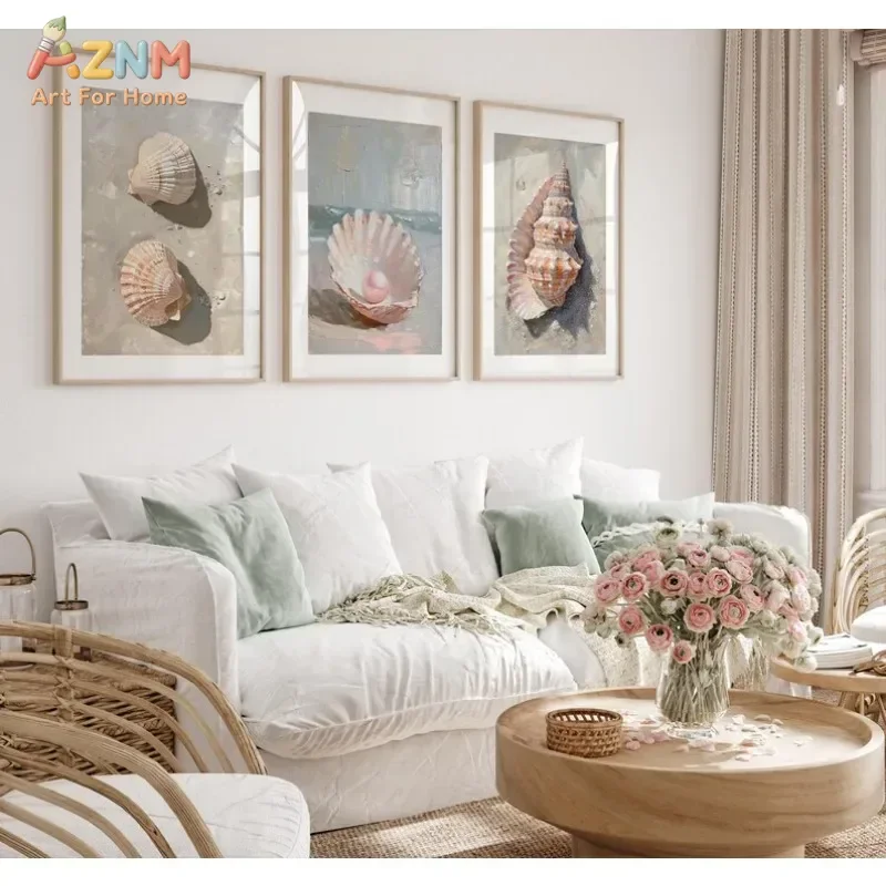 AZNM Soft Pastel Seashell Oil Painting Canvas Wall Art Coastal Beach Conch Shell Muted Neutral Tone Vintage Ocean Art Print Farm