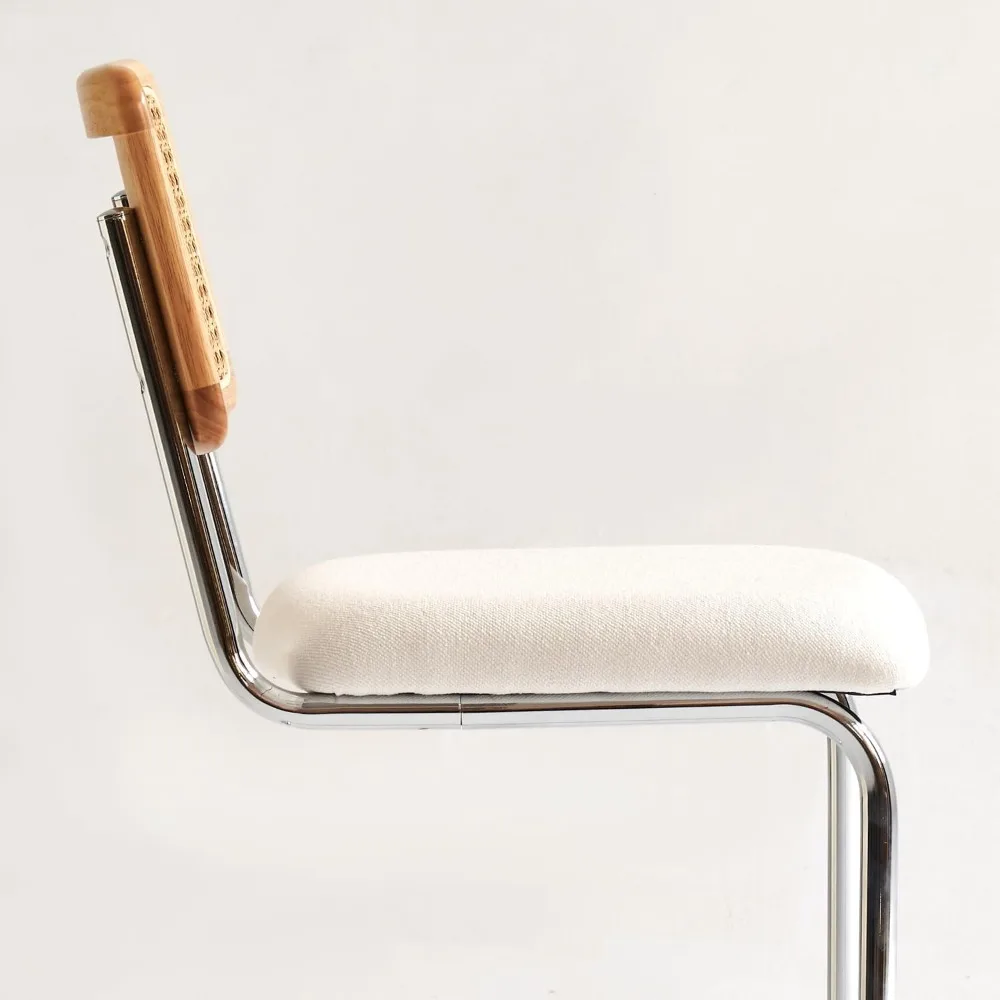 Natural Rattan Counter Height Stools Set of 4 with Solid Wood Back, for Kitchen Counter with Chrome Metal Legs,White