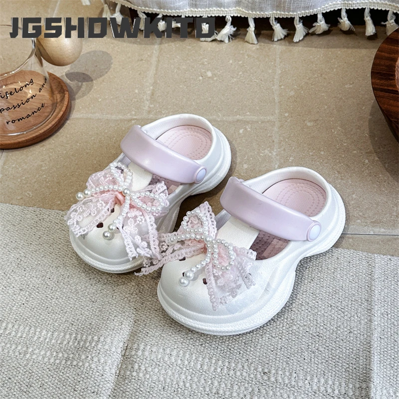 

JGSHOWKITO Children EVA Slippers Outdoor Sweet Lace Bowknot Girls Summer Causal Shoes Home Non-slip Kids Princess Beach Slippers