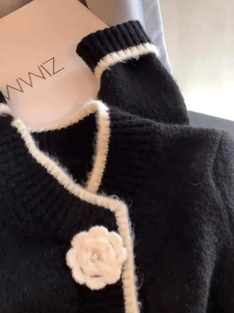 Women\'s Small Fragrance Style Camellia Sweaters Cardigan 2024 Autumn New O-neck Long-sleeved Sweater Temperament Knitted Tops