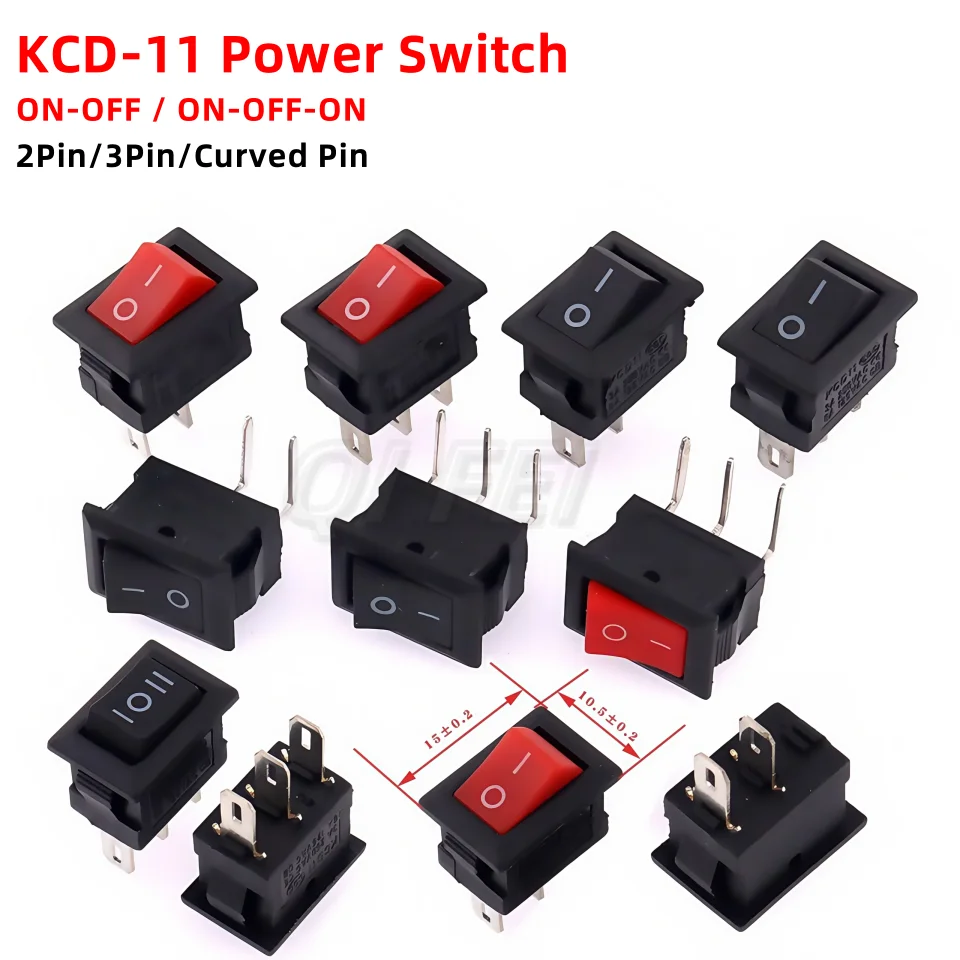 

5PCS Power Switch KCD11 3A 250V/6A 125VAC Button Switch 10x15mm 3Pin 2Pin Curved Pin ON-OFF ON-OFF-ON 2 Position 3 Position