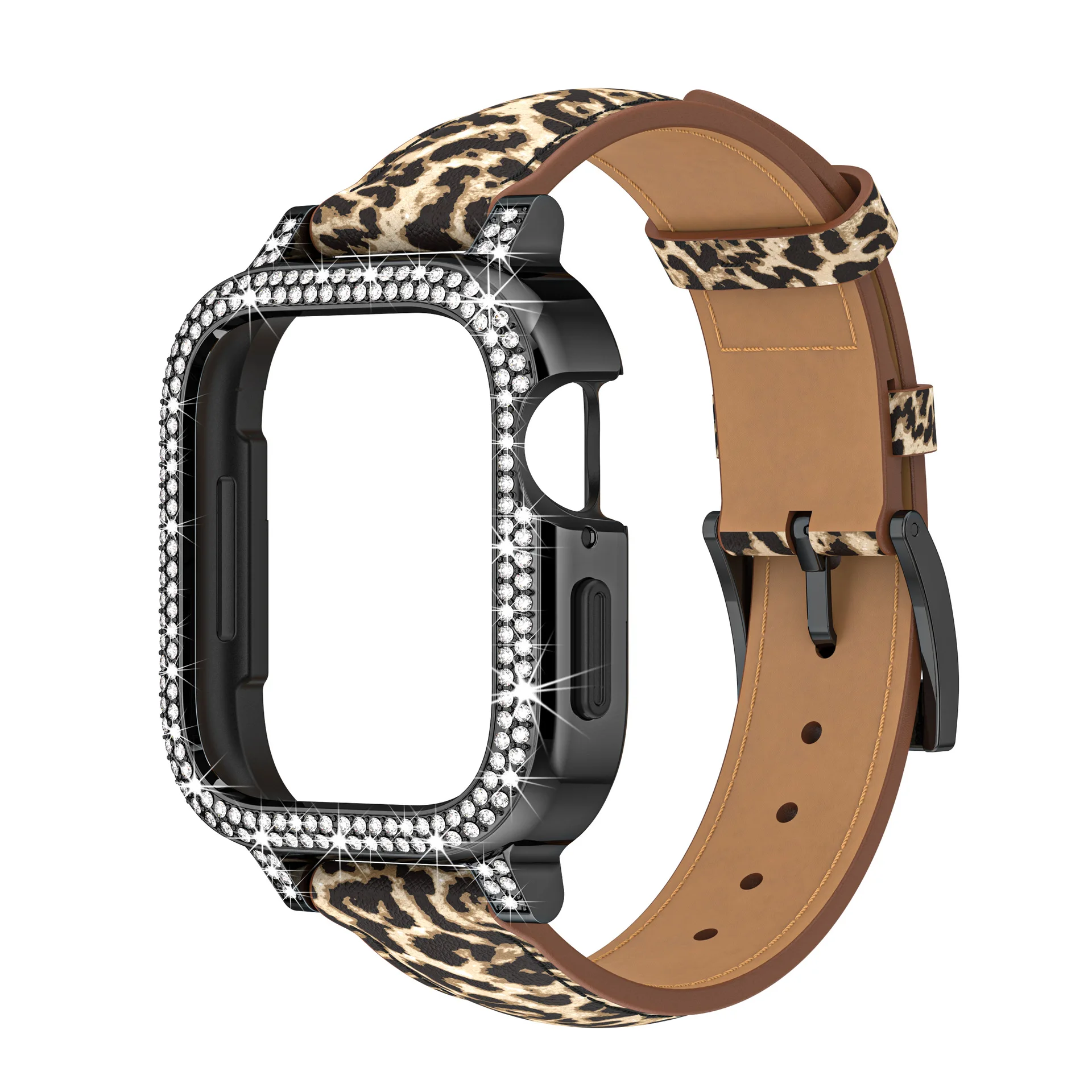 Suitable for Apple Watch 4-8 generation watch with double row diamond metal hollow protective case and integrated leather strap