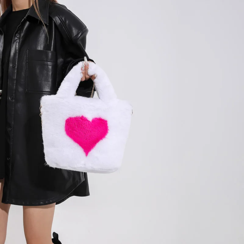 

Heart Print Fur Women's Bag Kawaii Eco Bag Korean Furry Shoulder Cross Bag Fluffy Handbag Love Plush Messenger Bag Y2K Satchels