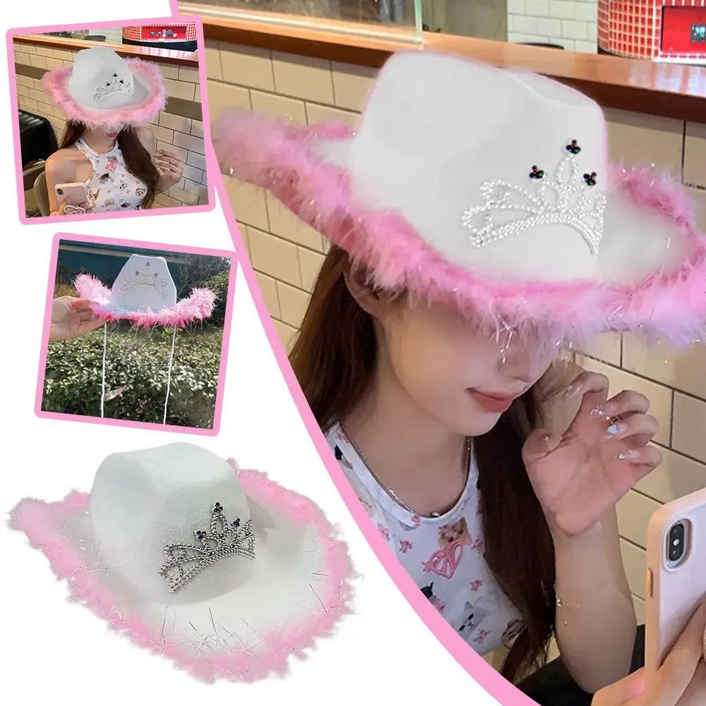 Cowboy Hat Christmas Stage Carnival Party Pink Cowboy Hat With White Feather Edge Western Style Illusion