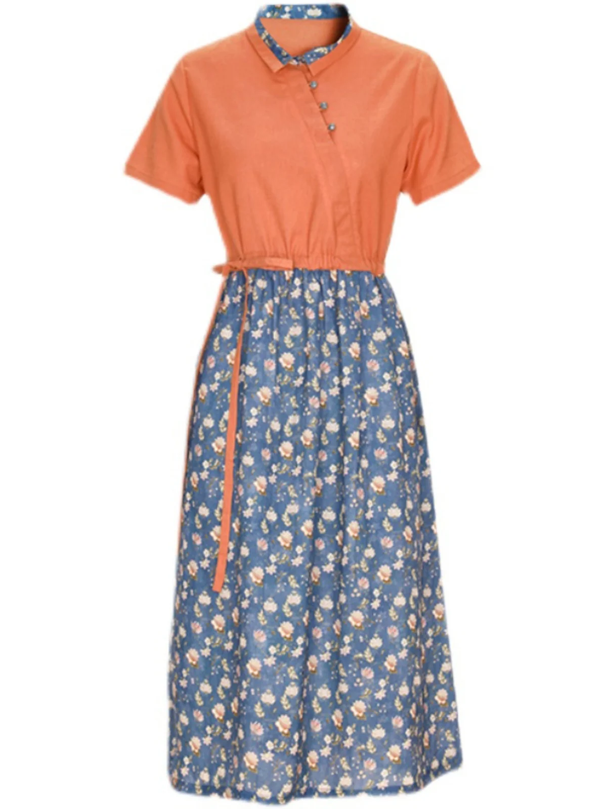 Bloemenprint Katoen Lin irt Dr Taille Cinched Kleur Blo Zomer halflange kraag Vakantie Sle Dames Dr