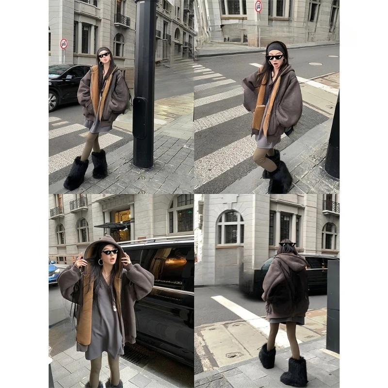 A Casual, Comfortable, Beautiful, Fashionable, Gentle and Elegant, Loose Hooded Coat Made of Fur in Winter