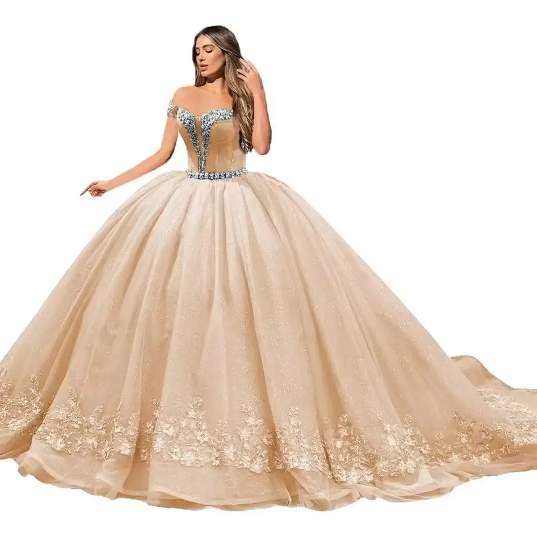 فستان تل لامع كوينسينيرا مخصص حلو 16 ثوب كرة عاري الكتفين Vestidos De 15 Quinceañera Vestidos De Baile