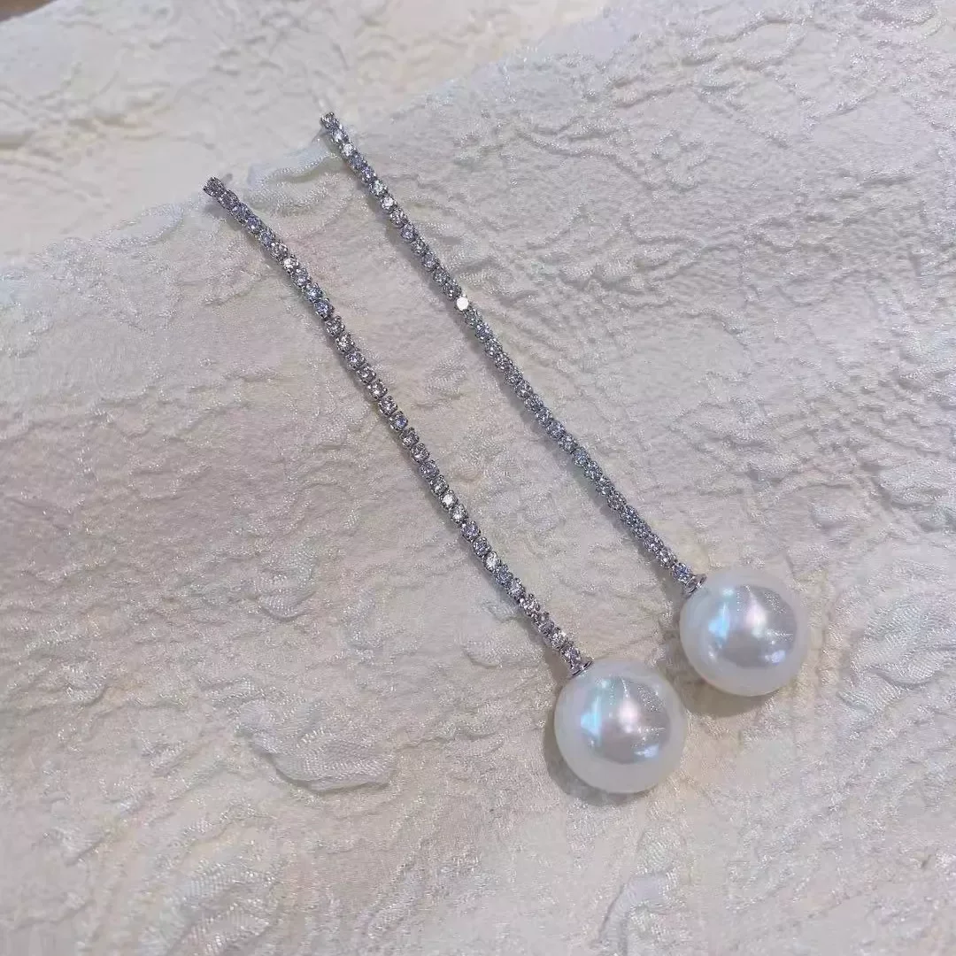 

Модные сверкающие длинные серьги с натуральным белым жемчугом 925s/AAAA8-9mm