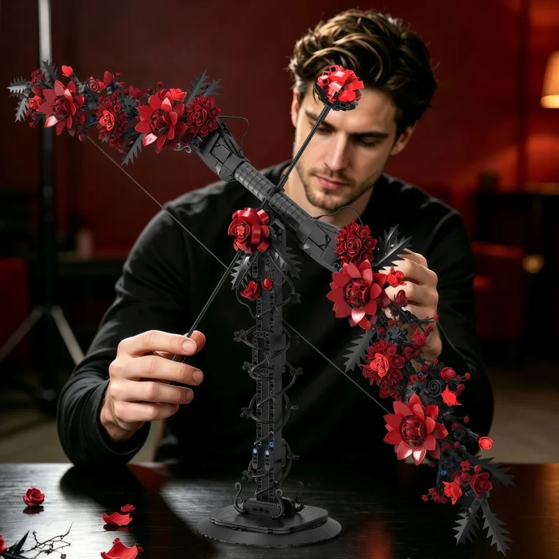 1328-Piece red flower Bow and Arrow Building Block Model with Display Stand, Romantic Rose Decoration Adult DIY Assembly Kit, Pe