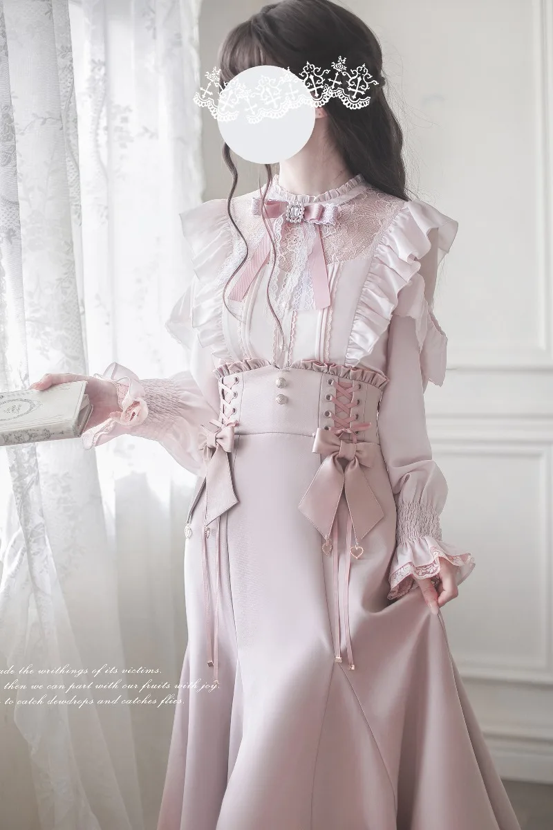 Japanese Rojita Mini Series SC Pink And White Blouse Mass-Produced Elegant Mermaid Skirt Long Sleeves Single-breasted Shirt Girl