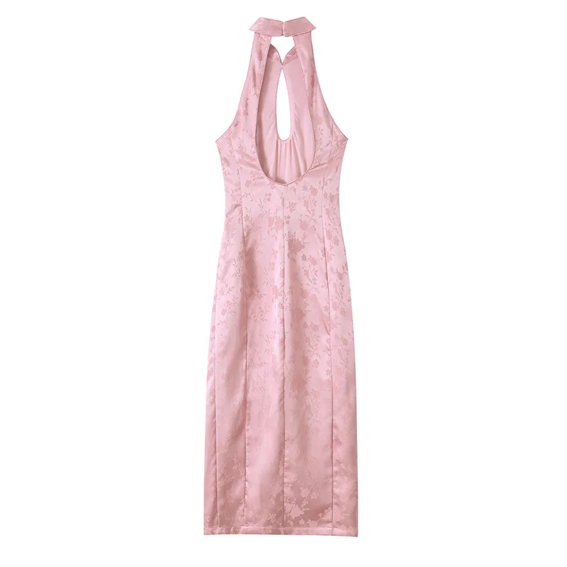 Guobioziy 2026 Summer New Women's Dress Pink Jacquard Halter Neck Hollow Long Dress Elegant and Graceful Beach Vacation - view 3