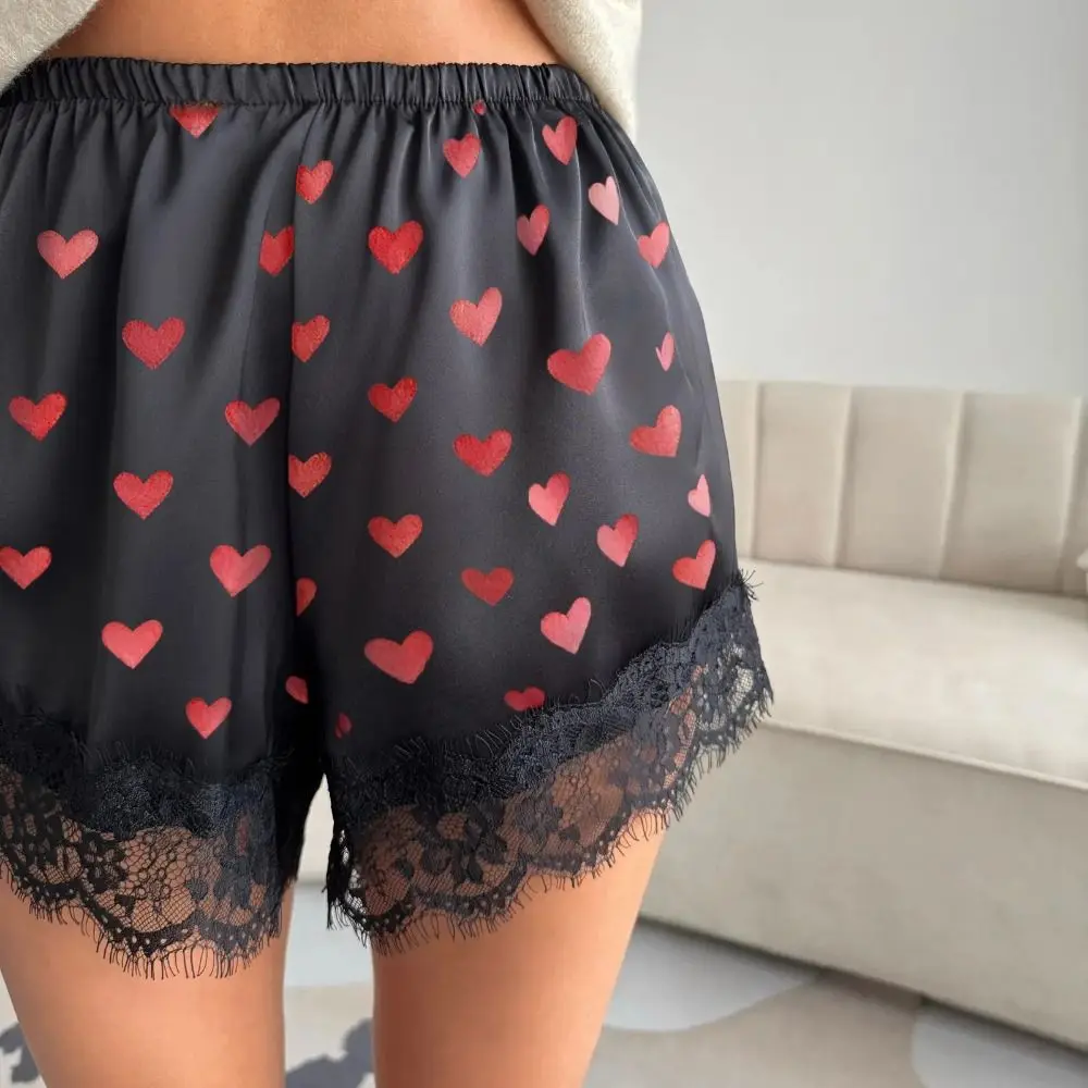 Pettipants Heart Print Lace Satin Shorts Lace Hem Silk Material Elastic Waist Shorts Wide Leg Mini Shorts Summer Wear
