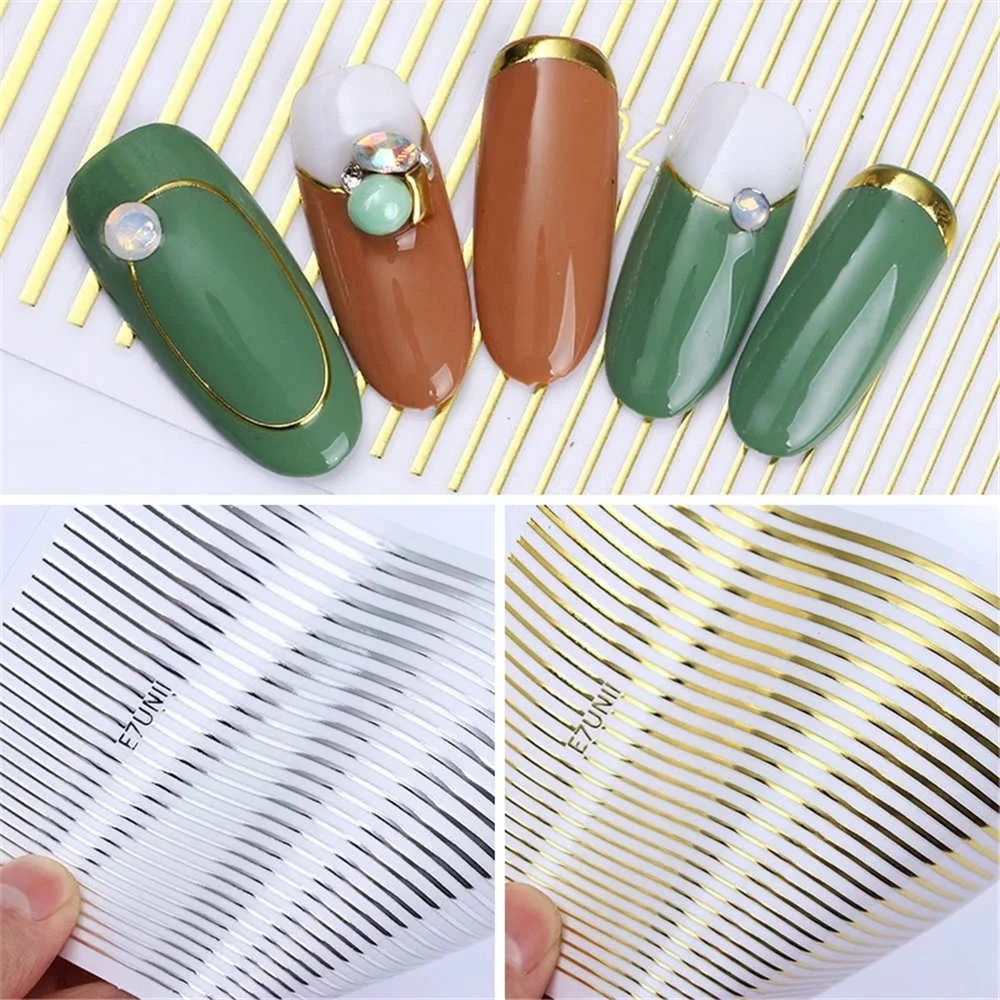 2 Stück Nagelfluoreszenzlinien, selbstklebende Aufkleber, gewellte Linien, flexible Laser-Gold- und Silberlinien