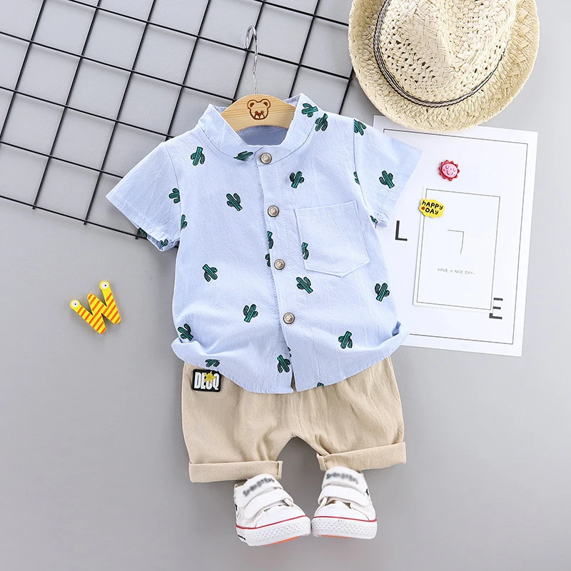 Infant Toddler Summer Full Print Cactus Pattern Short Sleeve Shirt And Shorts Set Outdoor Standing Collar Two-Piece Outfit