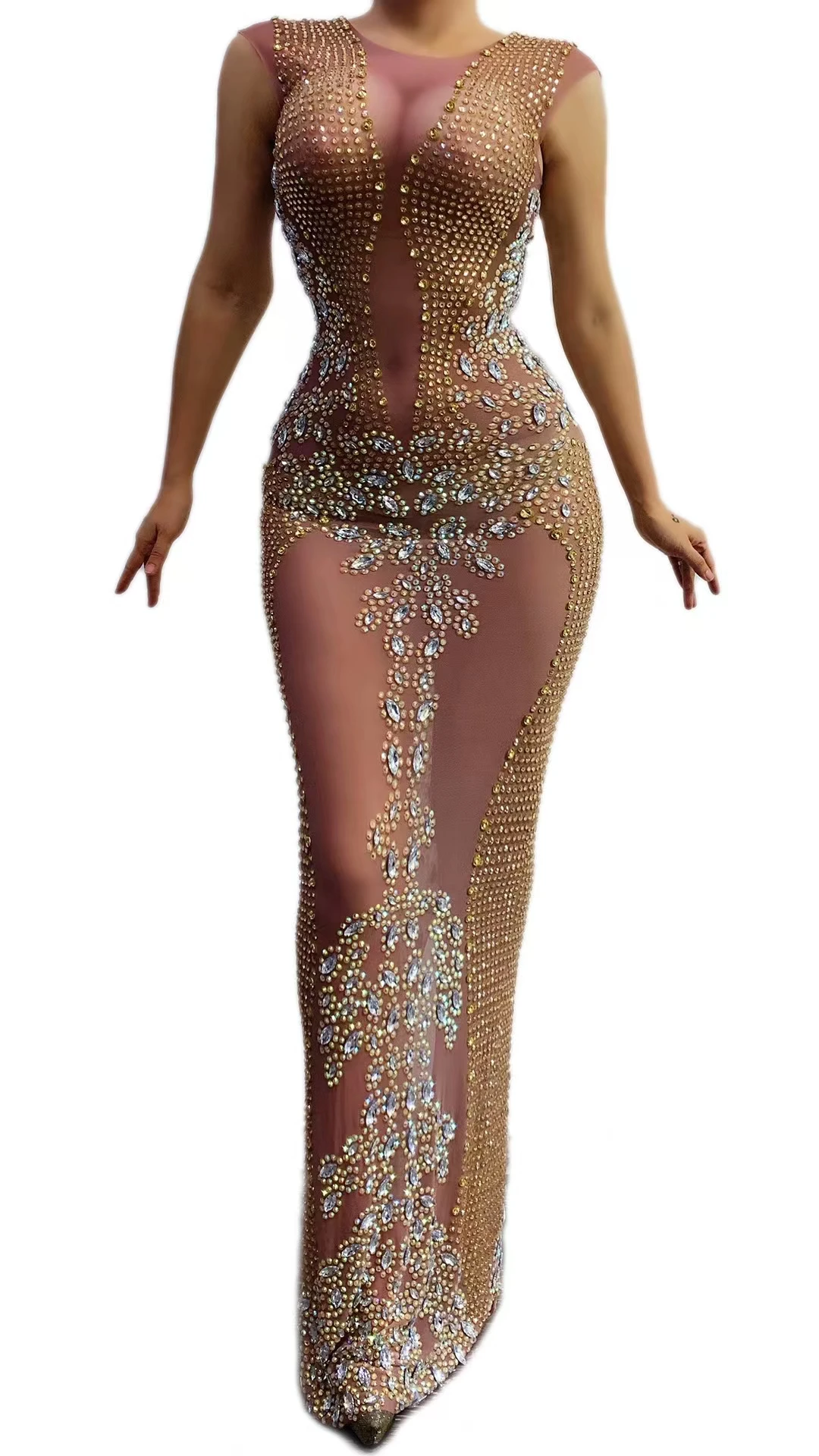 

Sparkly Gold Rhinestones Mesh TransparentLong Dress Women Birthday Celebrate PartyOutfit Singer Wear Bar Evening Dresses A082