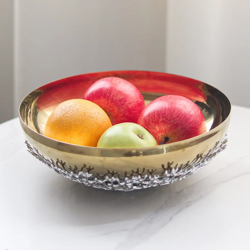 Double Layered Coral Branch Decorated Fruit Tray, Tableware, Stainless Steel Tray, Circular Metal Bowl, Food Storage Container