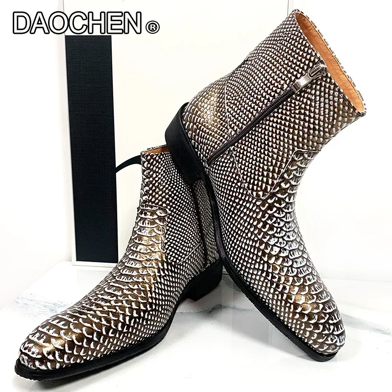 LUXURY BRAND MEN ANKLE BOOTS ZIP MARTENS SNAKE PRINT CASUAL MENS DRESS SHOES WEDDING PARTY REAL LEATHER WINTER BOOTS MEN