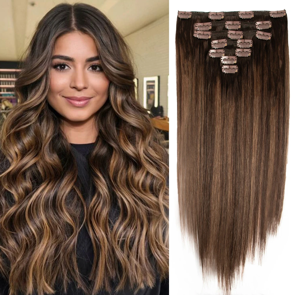 

Balayage коричневые заколки для наращивания человеческих волос 12-22 дюйма 120 г 7 шт. заколки для волос Remy, шелковые мягкие