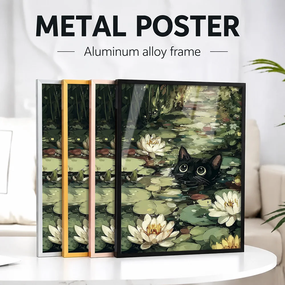 Black Cat In A Lily Pond Framed Metal Poster Personalized Photo Whimsical Graphic Style Wall Art For Bedroom Animal Lover Gift