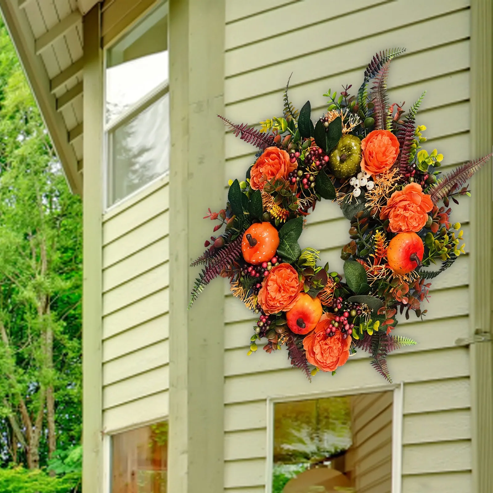 Fall Peony and Pumpkin Sunflower Wreath Festival Celebration Thanksgiving Round Wreath Autumn Front Door Home Farmhouse Decor