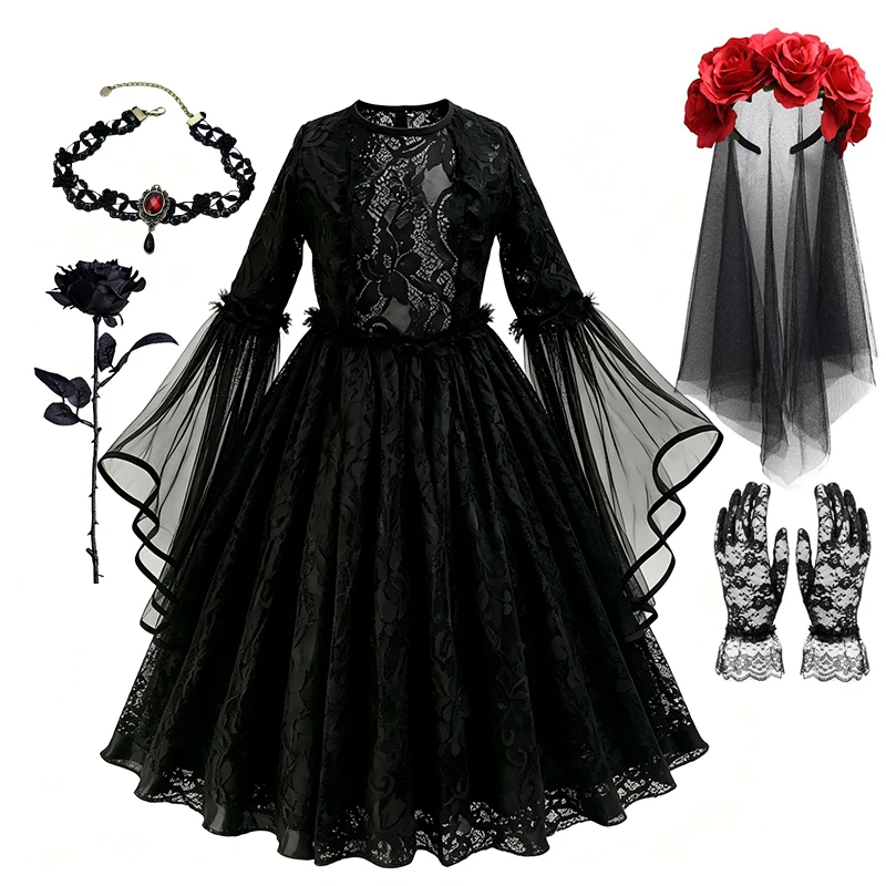 Kids Halloween Dark Gothic Costume Girls Long Sleeve Lace Tulle Ghost Bride Dress Rose Head Veil Carnival Dress Up Clothes