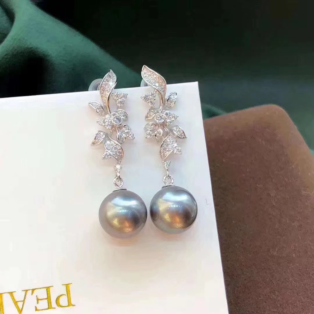 MJ Pearl Earrings Fine Jewelry Solid 925 Silver Round 9-10mm Nature Ocean Sea Water Tahiti Black Pearls Drop Dangle Earrings