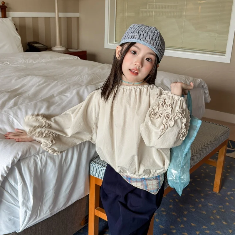

Girls' Shirt 2026 Spring New Collection: Girls' Bubble Sleeve Shirt with Ruffle Solid Color Top, Children's Casual Loose Shirt